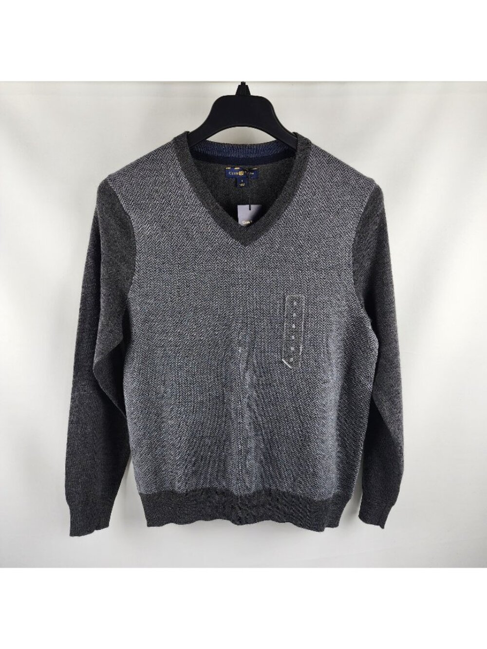 Club Room Sweater Mens Small Black Gray Merino Wool V-Neck Pullover NWT